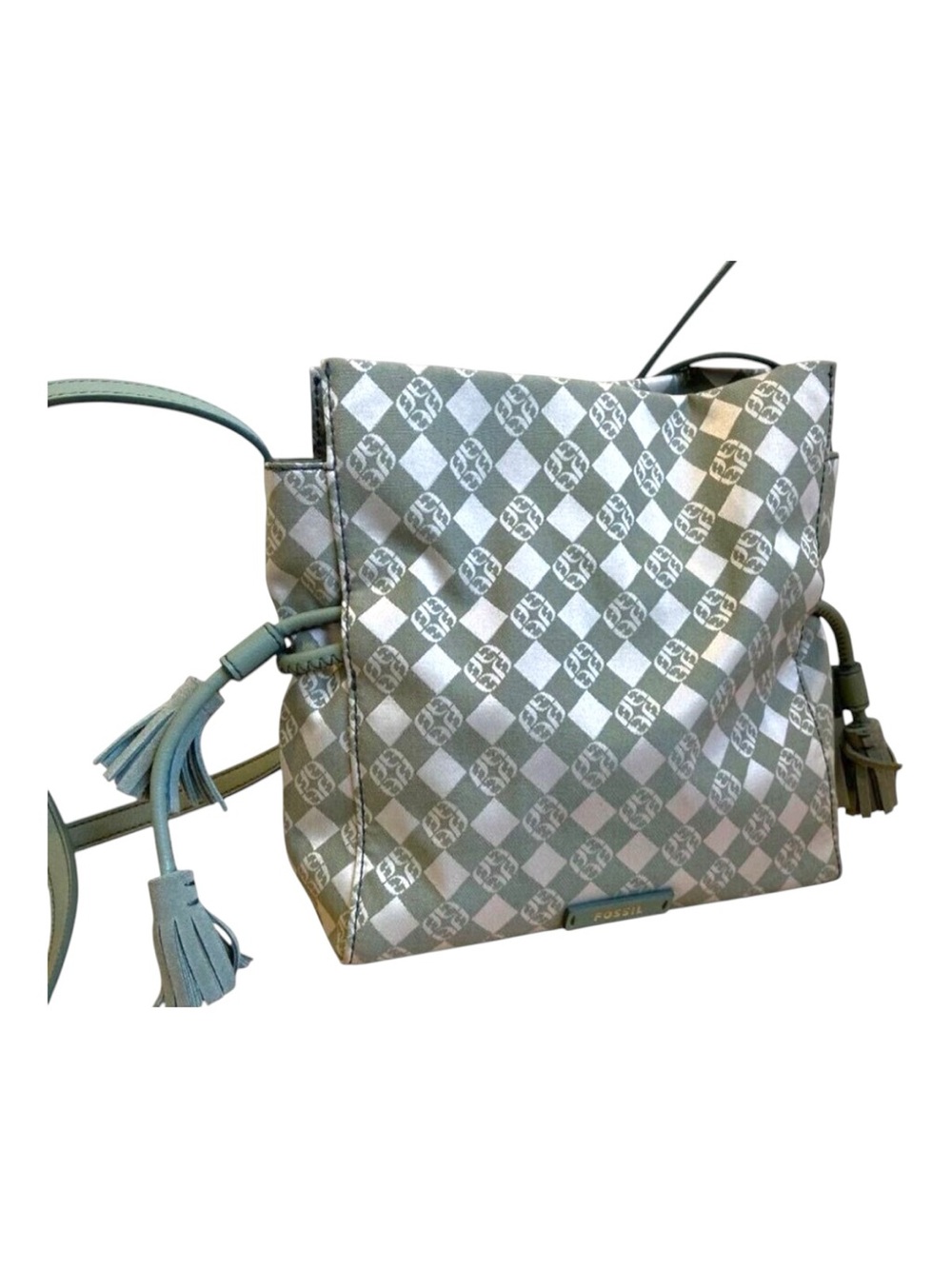 Fossil sage Green Checkered Canvas & Leather Crossbody Bag With Tassel Accents